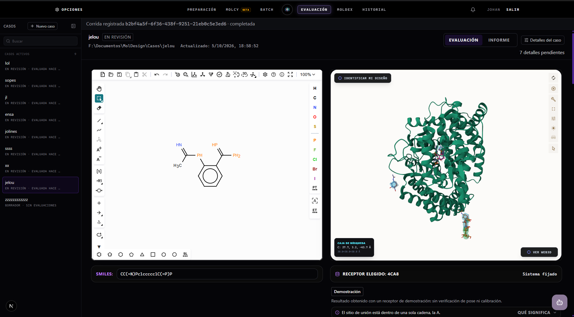 Evaluación: editor de la molécula, el receptor 4CA8 en 3D y la etiqueta de Demostración.