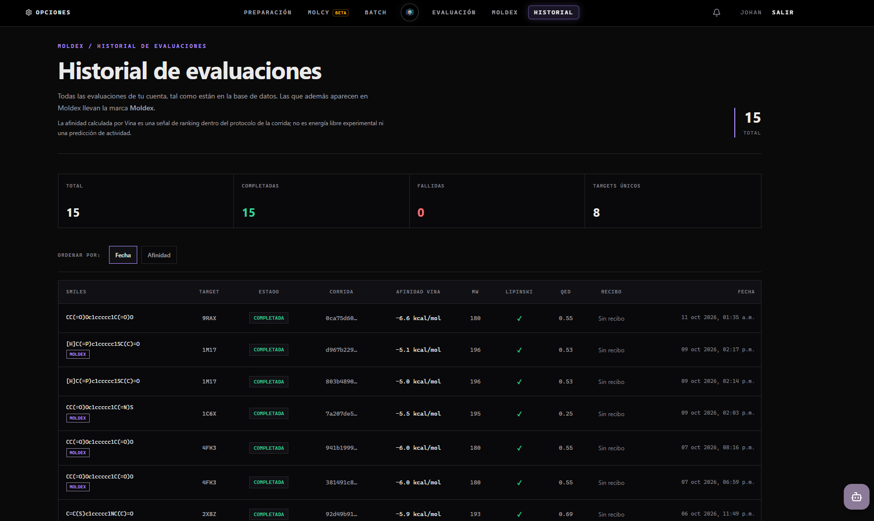 Historial de evaluaciones con su receptor, su afinidad de Vina y su fecha.