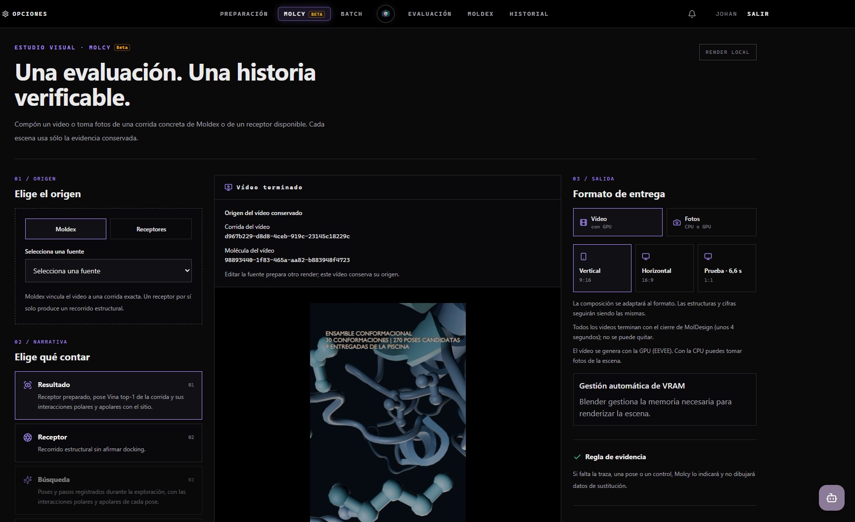 Molcy con un vídeo vertical terminado, su origen conservado y los formatos de entrega.